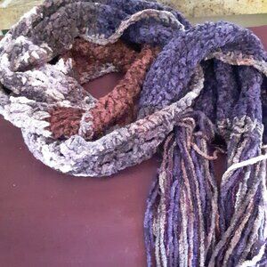 7' long Chenille Boho Scarf with fringe - purple/burgundy